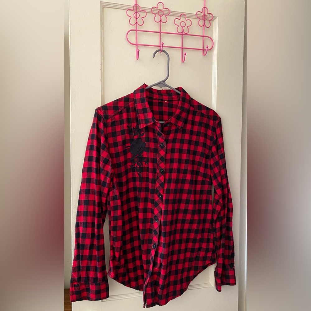 Red Flannel Shirt with Black Rose
